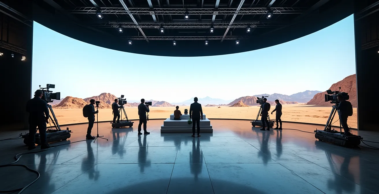 Behind-the-scenes view of a modern LED volume stage used in virtual production