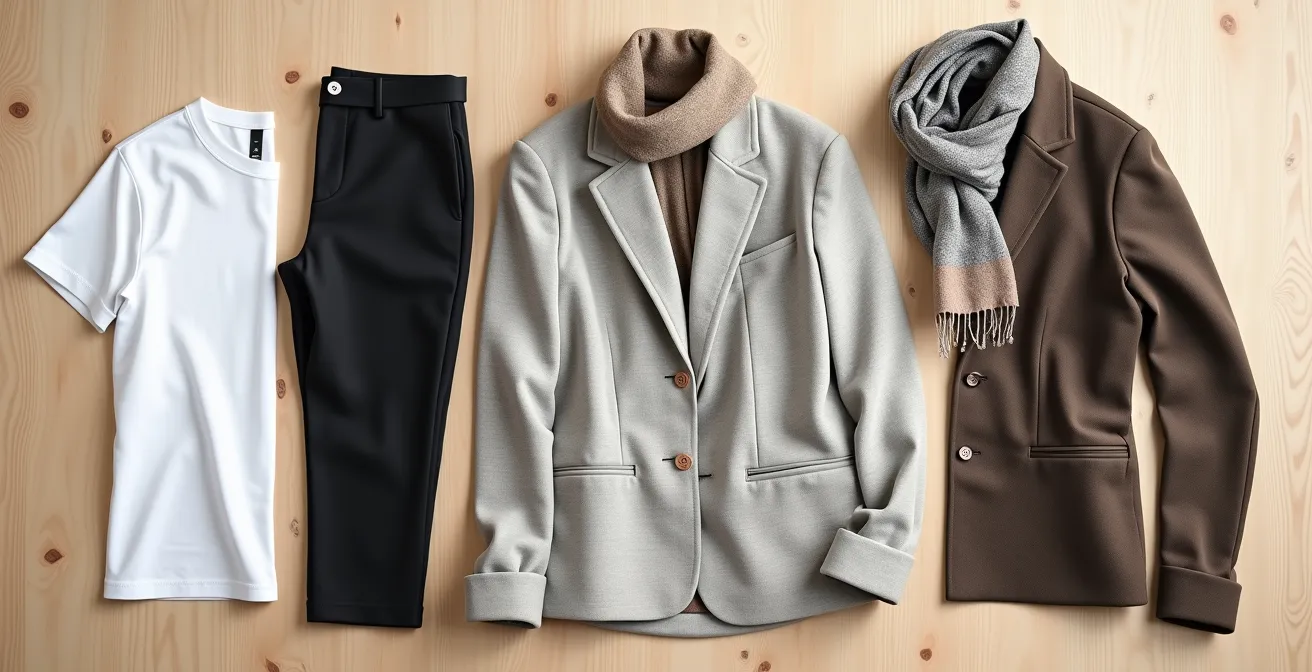 Overhead view of clothing laid out showing neutral basics transitioning to bold statement pieces