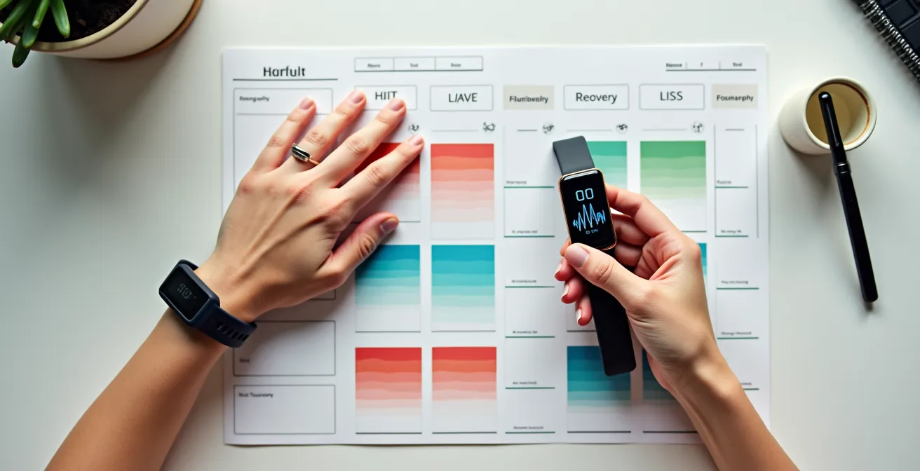 Athletic person checking fitness tracker while planning workout schedule on wall calendar