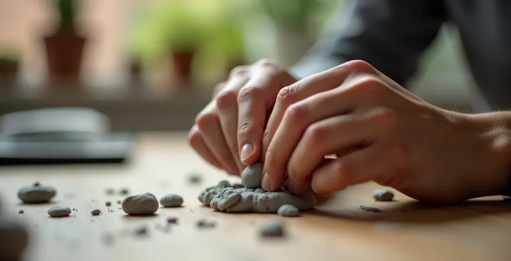 Close-up of hands working with modeling clay on a minimalist desk